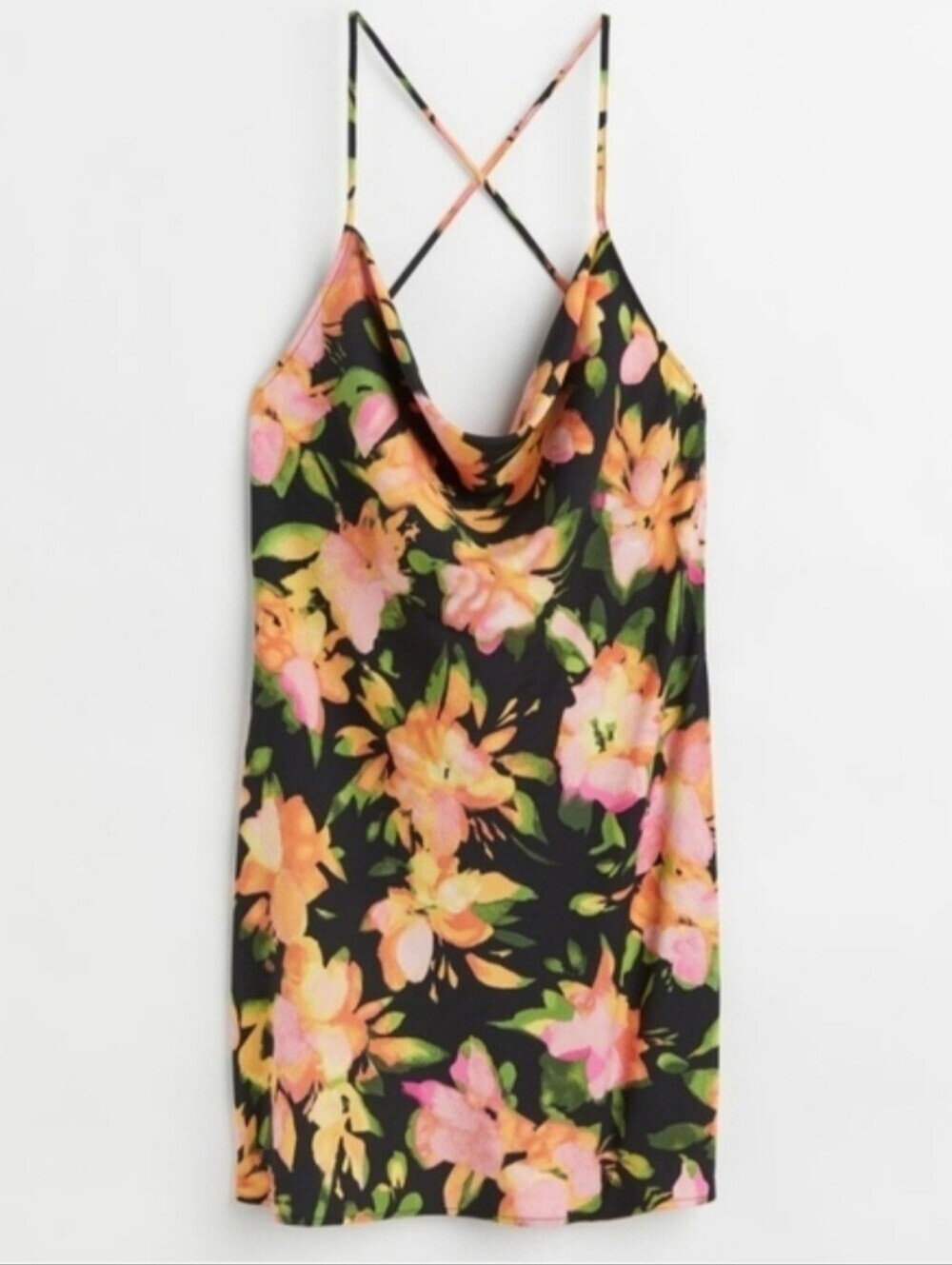 H&M Black Mini Dress with Pink and Orange Floral Print
